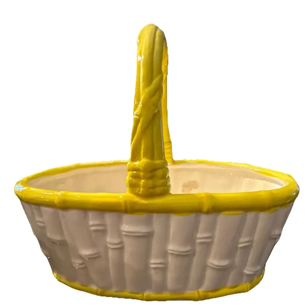 Fitz and Floyd Galaxy Ceramic Decorative Basket Yellow White Glossy Oval Japan